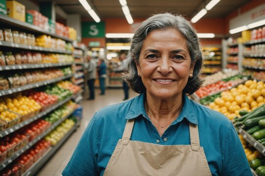 Close portrait of a smiling senior Colombian female grocer standing and looking at the camera, Colombian grocery store blurred background