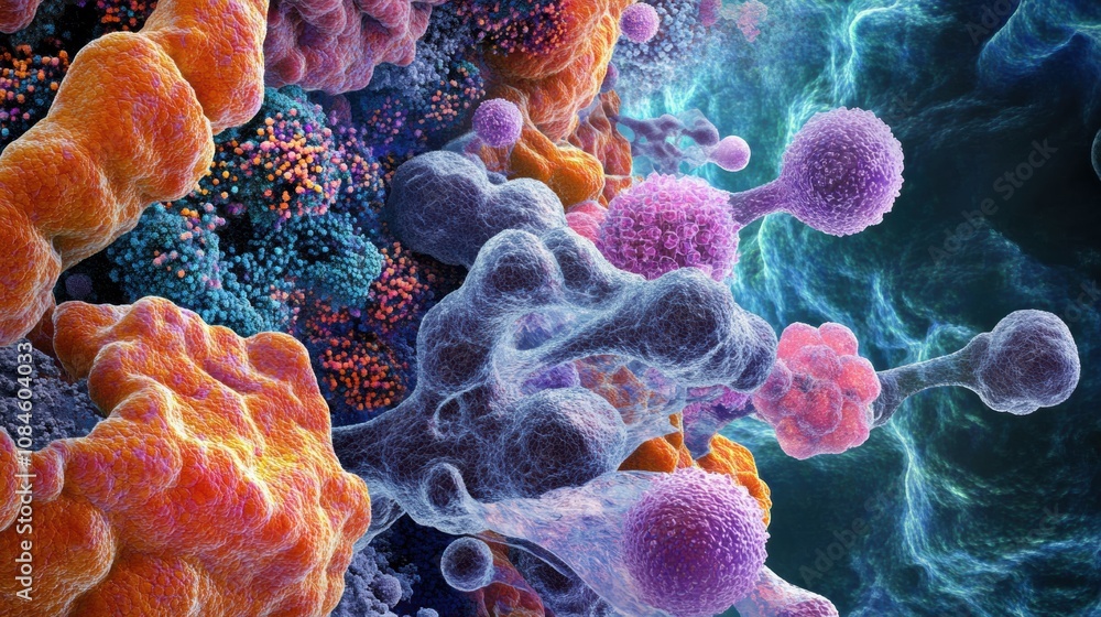 Poster explore an intricate arrangement of vibrant cells and structures revealing the diversity and complex