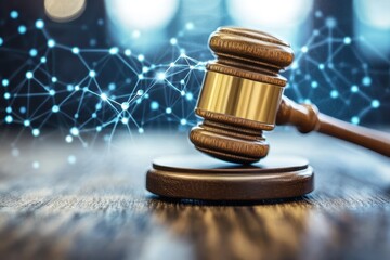 Legal gavel on wooden surface with digital connections symbolizing a modern courtroom environment