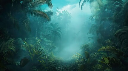 Obraz premium A mysterious path through a dense tropical jungle, with mist obscuring the way ahead. The lush green foliage creates a sense of adventure and wonder.