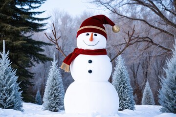Obraz premium Cheerful Snowman with Holiday Hat Amidst Frosty Winter Trees and Scenic Landscape