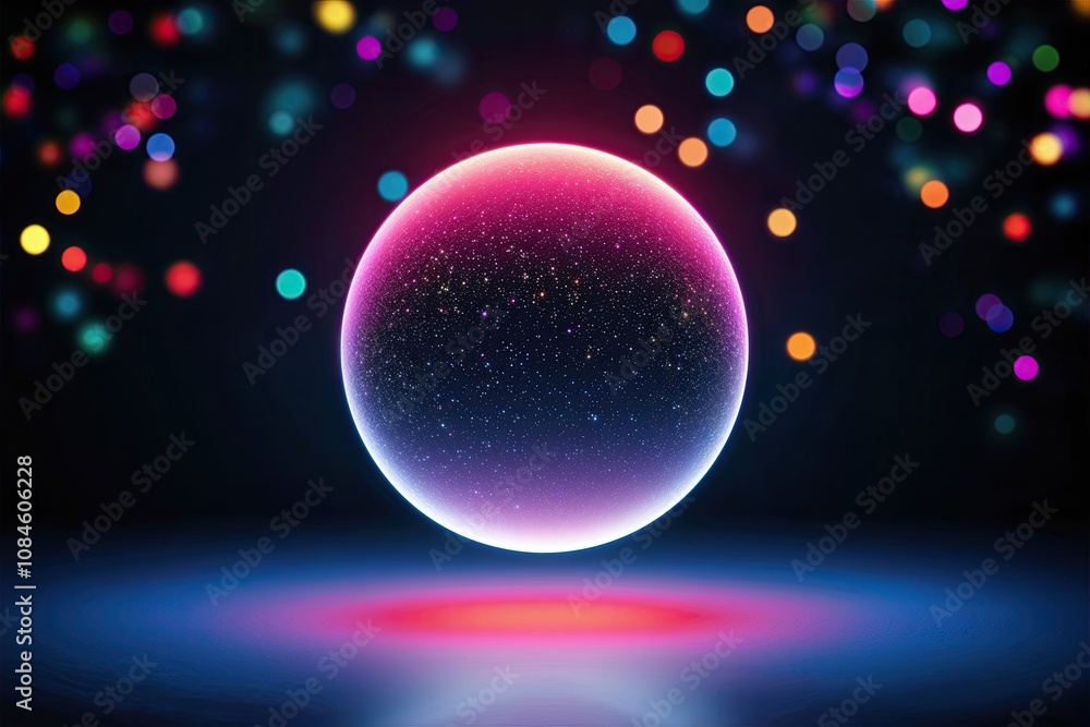 Aufkleber three dimensional glowing orb in dark background with colorful bokeh effects