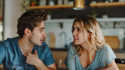 Naklejka premium Young Caucasian couple engaged in emotional conversation at home, with expressions of concern and vulnerability. Relationship communication, empathy, emotional connection, relationship challenges