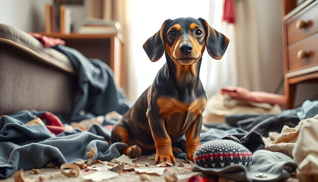 Mess dachshund puppy was left at home alone and started making a mess. Pet tore up furniture and chews home slipper of owner. Baby dog is sitting in the middle of chaos, gnawed clothes isolated with