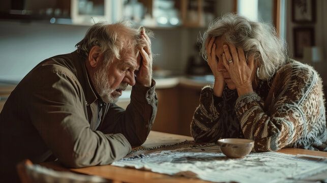 Upset and stressed elderly couple in distress sitting in kitchen during deep conversation. Concept of trouble, grief, financial strain, mental health challenges, family issues, aging, relationships - Powered by Adobe