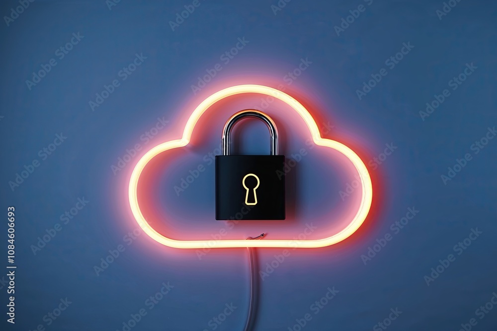 Aufkleber neon cloud with safety padlock symbolizing privacy assurance in cloud computing