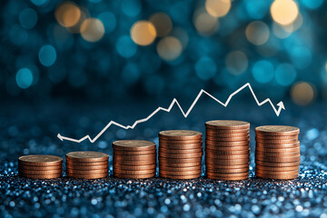 Increasing Coin Stacks with Glowing Financial Graph and lights.