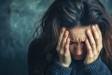 Fototapeta premium Young woman expressing distress in a dimly lit indoor space during a reflective moment
