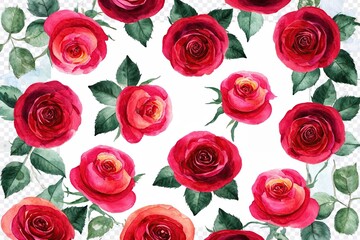 Isolated Red Rose Watercolor Flowers on Transparent Background