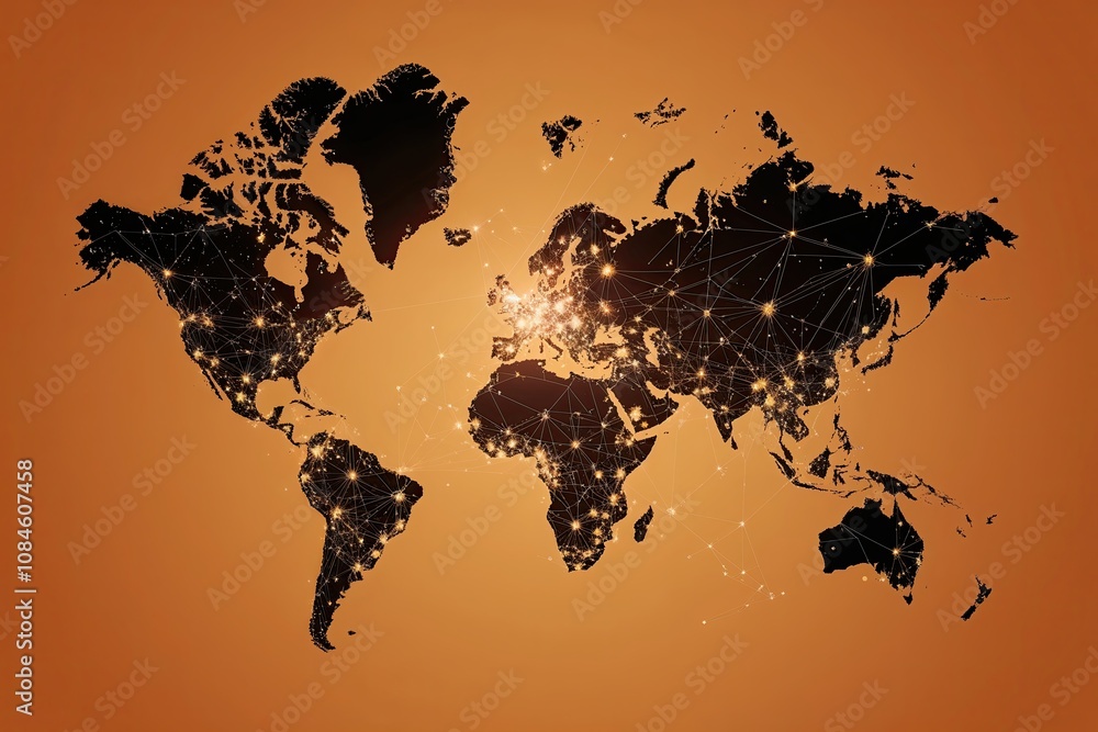 Poster vibrant orange background featuring creative networking and communication map in the digital world