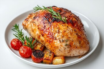 A plate of food with a roasted chicken and vegetables