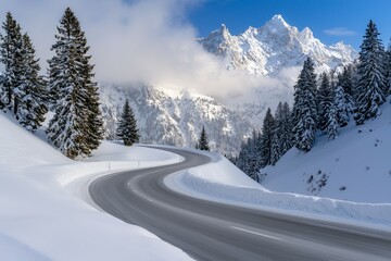 A snowy mountain range with a winding road in the foreground