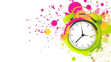 A colorful alarm clock design with splashes of paint in various hues.