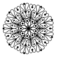 Isolated abstract hearts mandala with floral elements. Black and white hand drawn vector illustration for coloring book, art therapy. Also suitable for logo design.