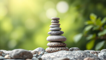 Obraz premium Stack of zen stones on abstract nature green summer background. Relax still life with stacked of stone. zen pebble stones, spa wellness tranquil scene, soul equanimity calmnes concept. copy space is