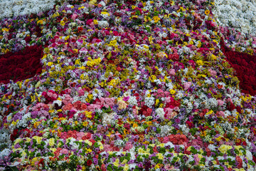 Closeup bouquet's of beautiful natural flowers, flower wall of a thousand styles and colors, Valencia flowers Fallas