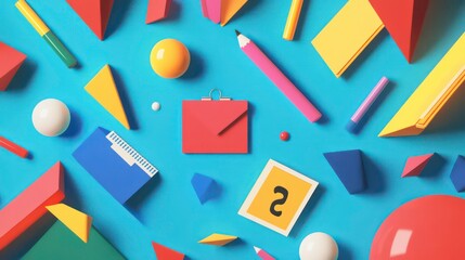 A flat lay of colorful geometric shapes, stationery, and objects on a blue background.
