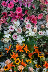Closeup bouquet's of beautiful natural flowers, flower wall of a thousand styles and colors, Valencia flowers Fallas