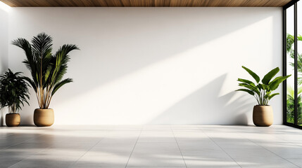 Minimalist interior with large potted plants and wooden ceiling, soft natural light creating shadows on an empty white wall and tiled floor in modern room.