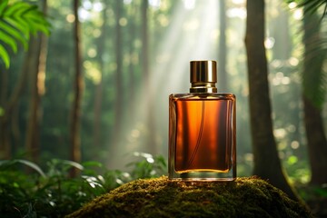 Mockup of a blank perfume bottle set against a vibrant rainforest background, ideal for branding or eco-themed designs.