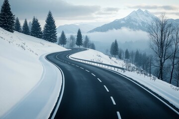 Naklejka premium A snowy mountain road with a curve in it