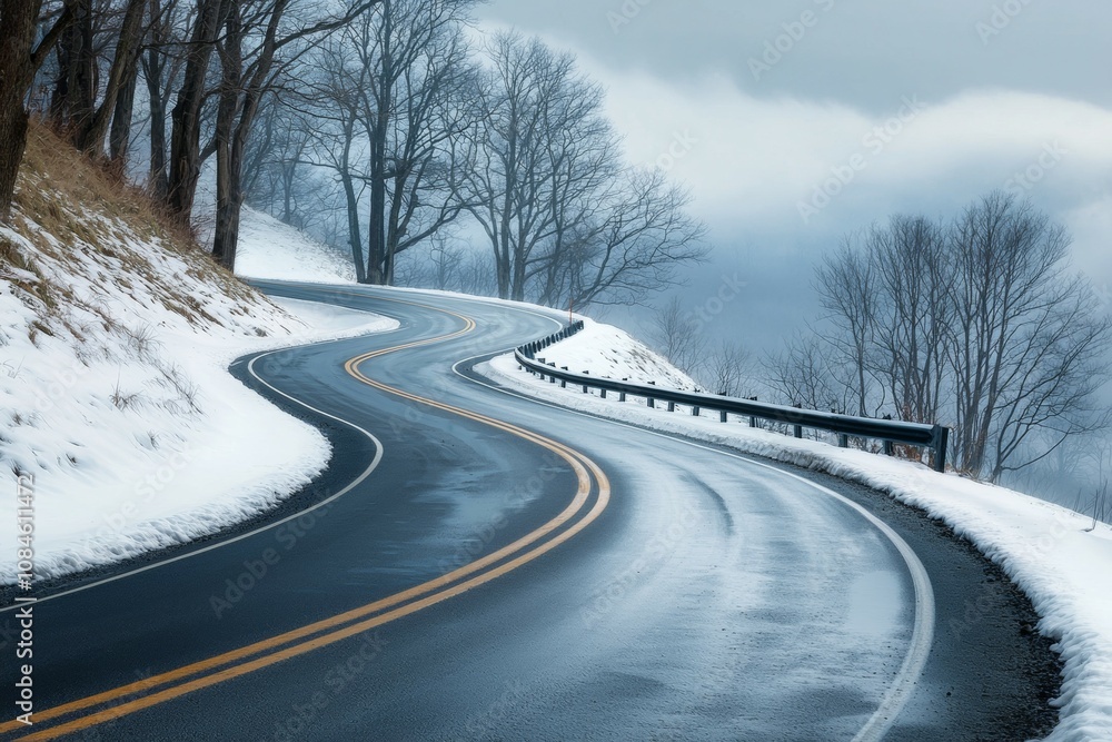 Poster a snowy road with a curve and a line of trees in the background