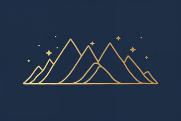 Hand-Drawn Vector Mountain Line Art with Gold Accents on Dark Blue Background