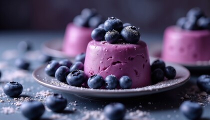 Gourmet dessert featuring creamy berry mousse beautifully presented with fresh blueberries on top, surrounded by scattered berries. Vibrant colors and tempting textures create a delightful culinary ex