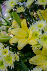 Fototapeta premium Bouquet of wild flowers in the garden, ful color cotaggecore flowers, cottagecore flowers in the garden in basket too, yellow, violete, white, orange wild flowers