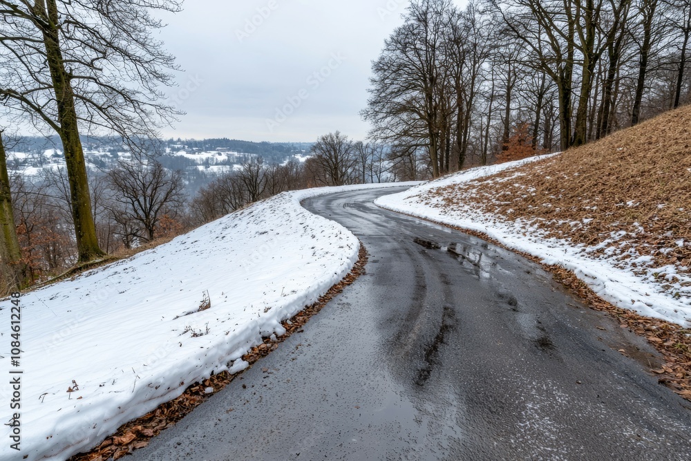 Poster a snowy road with a curve and a hill in the background
