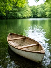 Peaceful wooden boat on serene lake