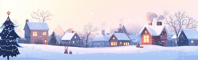 Fototapeta premium Winter Landscape Background Christmas night in City, Vector banner cute Wonderland in the town, People celebration in the park on New Year, Banner Design for Marry Christmas, 2025 card, Generative AI