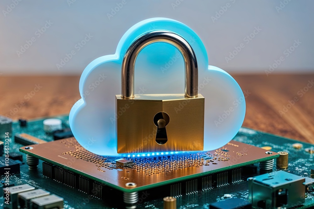 Poster cloud computing security with glowing cloud and padlock symbol on motherboard