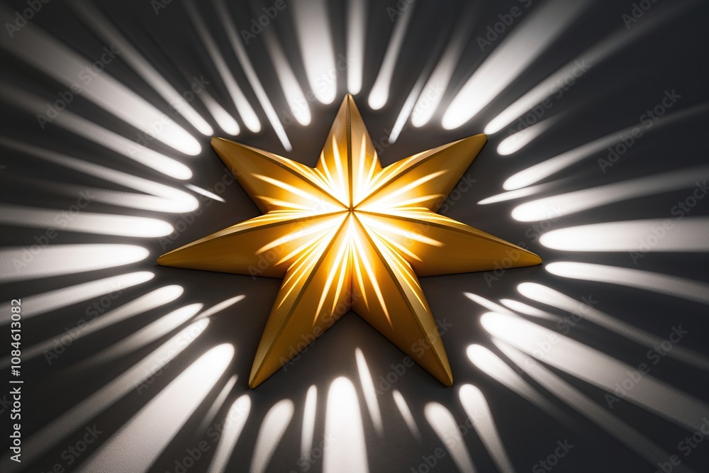 Poster three dimensional star with pulsating light rays on dark surface