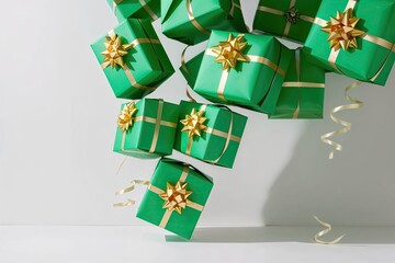 Vibrant Green Gift Boxes with Ribbons on a Bright Background