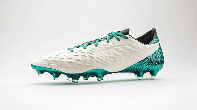 White and teal soccer cleats isolated on white background. Dynamic sports footwear for enhanced performance and agility on the field. Step into victory.