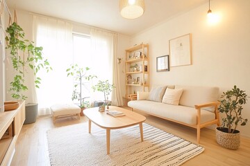 This inviting living room features a simple yet stylish design, with a light-colored couch, a wooden coffee table, and numerous green plants thriving in natural sunlight