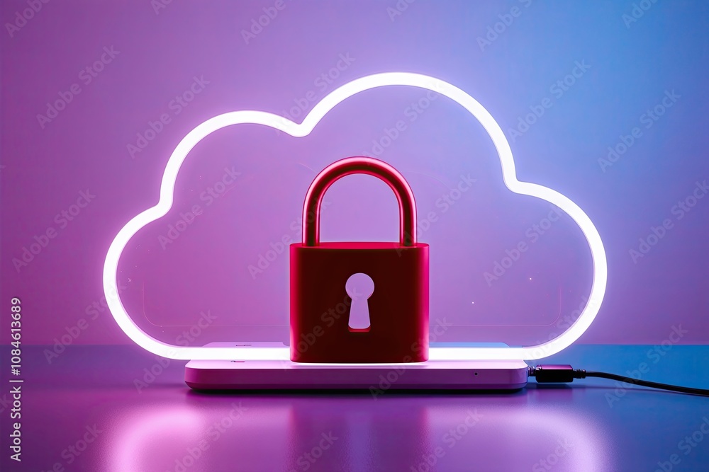 Poster neon cloud with security lock representing privacy assurance in cloud computing