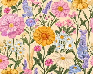 A seamless floral pattern wallpaper featuring wildflowers in a pastel color palette, ideal for cheerful spaces