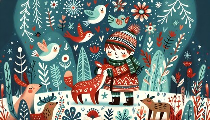 "Abrazo Invernal en Navidad: Amor entre Bosques y Criaturas"