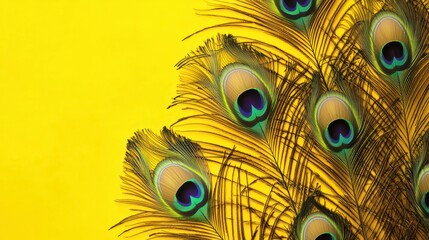 Obraz premium A vibrant yellow background by peacock feathers with an optical expansion illusion