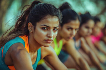 young indian women fitness enthusiasts preparing for outdoor training in vibrant activewear. wellness, active and healthy lifestyle poster, workout. loosing weight, sports competitions