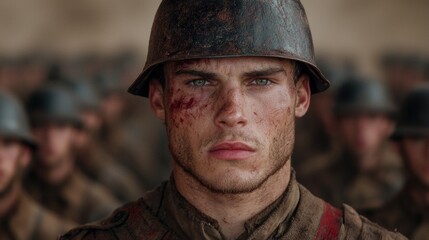 Fototapeta premium Gritty portrait of a battle-worn soldier