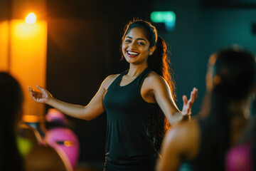 energetic smiling young indian female instructor leading fitness class. workout, exercising and wellbeing. wellness, active and healthy lifestyle poster.