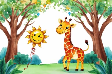 Fototapeta premium Joyful Giraffe Watercolor Art with Sun Balloon Above Treetops for Children's Celebrations