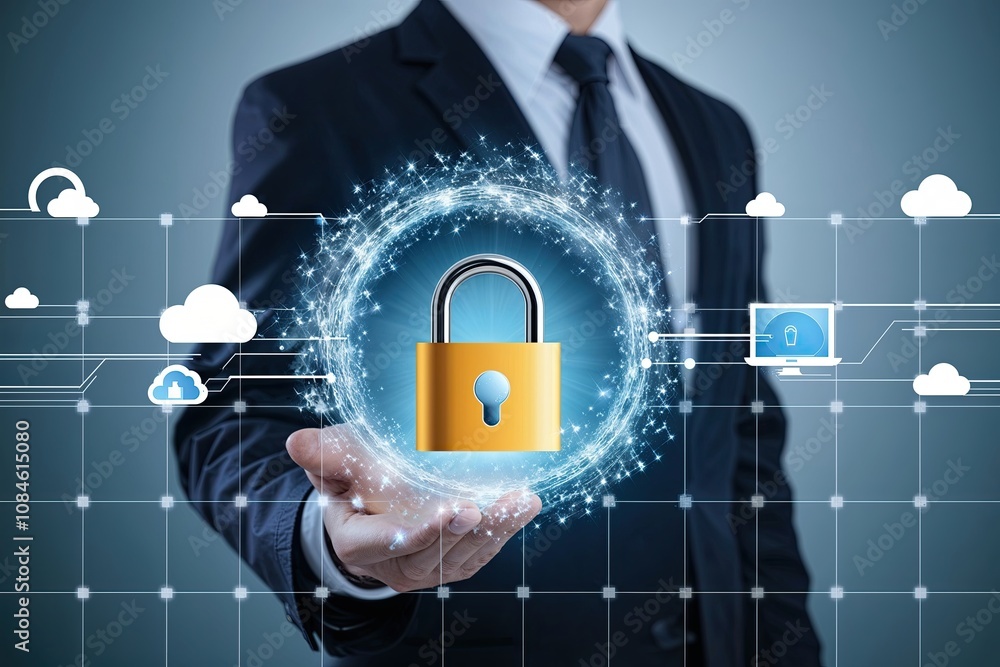 Poster glowing halo encircling digital lock in technology framework for enhanced cloud security solutions