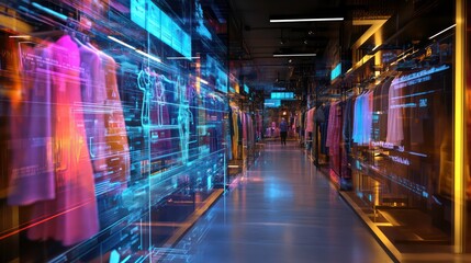 An advanced shopping concept with digital screens overlaying a vibrant clothing store background
