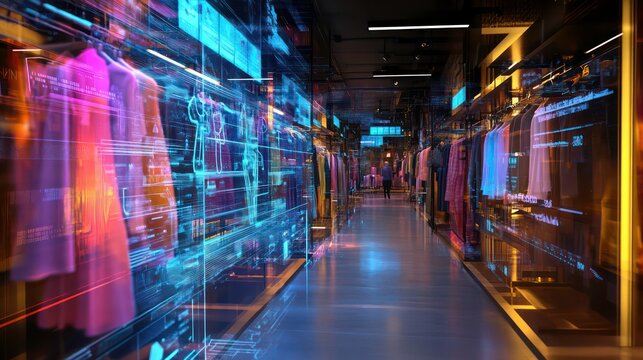 An advanced shopping concept with digital screens overlaying a vibrant clothing store background