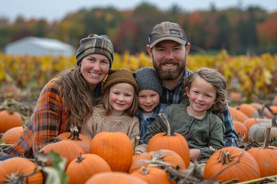A family of five gathers among pumpkins in a picturesque field, smiling and dressed warmly for autumn. The colorful foliage in the background enhances the festive atmosphere