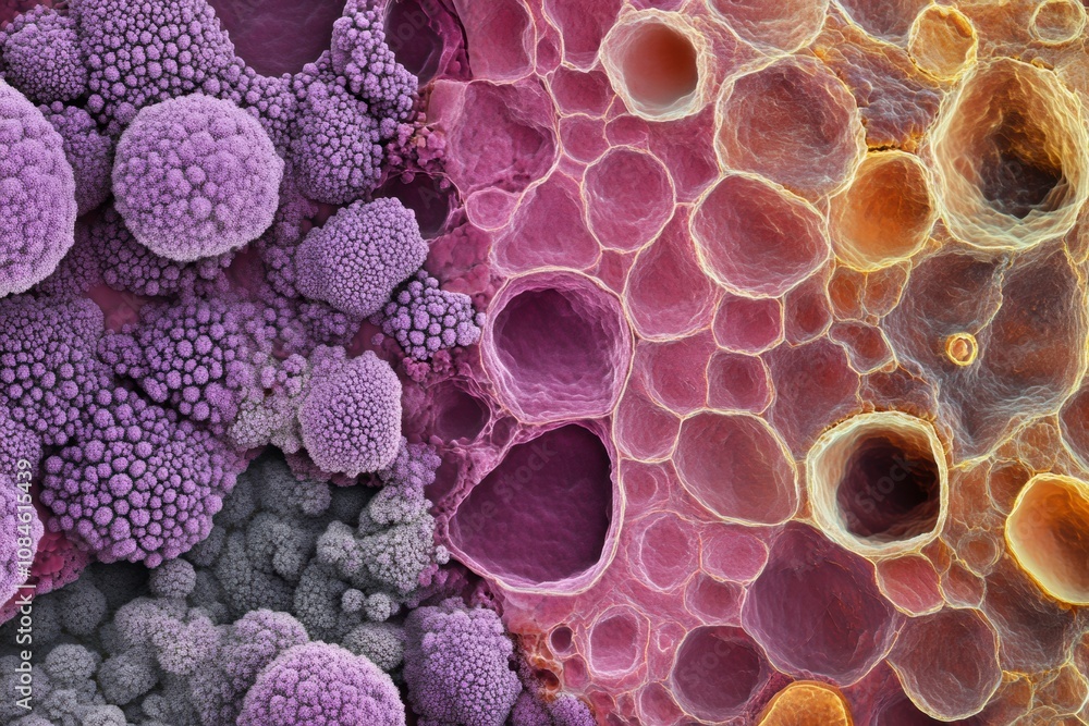 Poster A detailed microscopic perspective reveals colorful clusters of cells and irregular structures, highlighting biological diversity and complexity. Generative AI